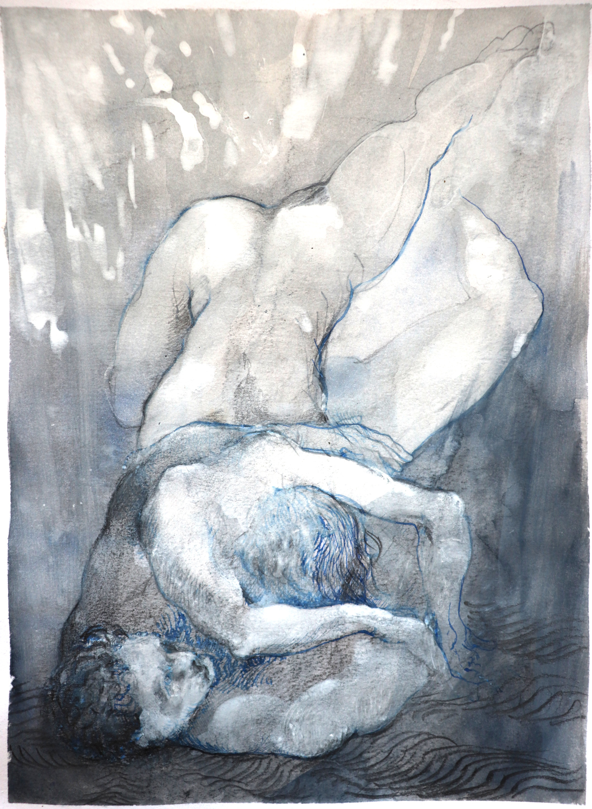 "Tuffo", 2024  |  Grafite, carbincino, pastello, acrilico e
acquesrello e-sumi su carta  |  23,5 x 32,5 cm 