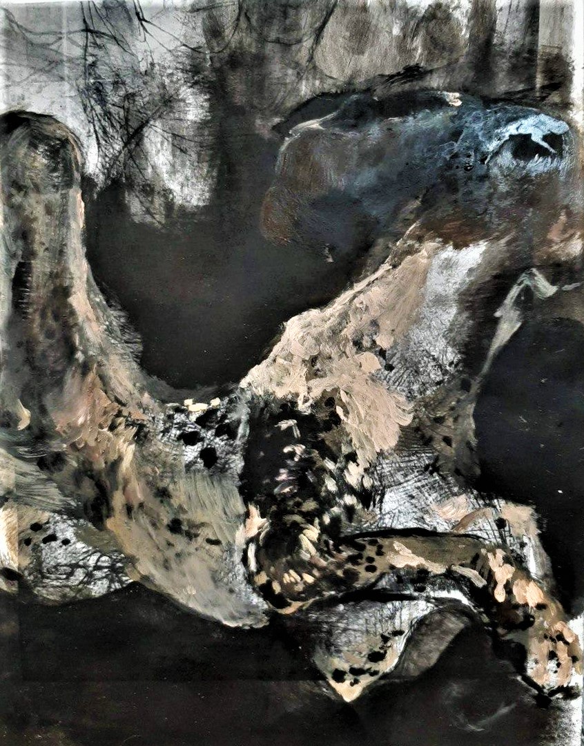 "Dog falling", 2019 | Oil painting on paper | 28.7 x 42 cm