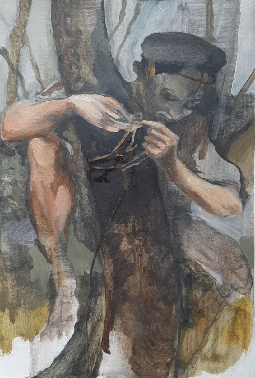 "Ladro di nidi (studio per Blind kid)", 2021  |  Pittura ad olio e grafite su tela  |  21 x 29,7 cm